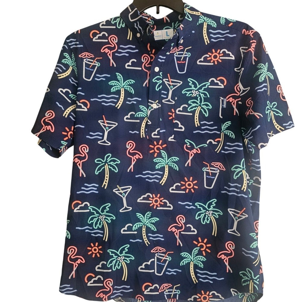 Chubbies Button Down Shirt Mens Large Navy Neon Flamingo Palm Tree RN 143198